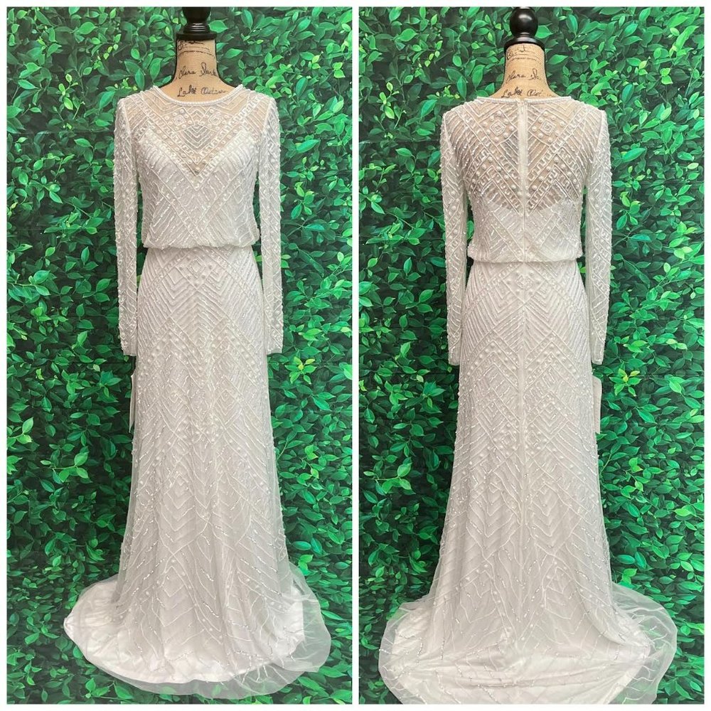 Adrianna Papell Long Sleeve White Beaded Formal Dress